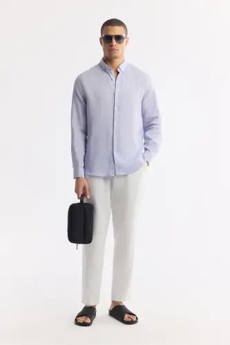 Erkaklar uchun lilac rangli ko'ylak 100% zig'ir tugmali yoqa Comfort Fit B002191 - 8