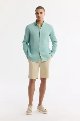 Erkaklar uchun mint yashil rangli 100% zig'ir matoli tugmali yoqali Comfort Fit ko'ylagi B002191 - 5