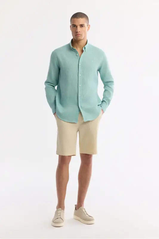 Erkaklar uchun mint yashil rangli 100% zig'ir matoli tugmali yoqali Comfort Fit ko'ylagi B002191 - 5