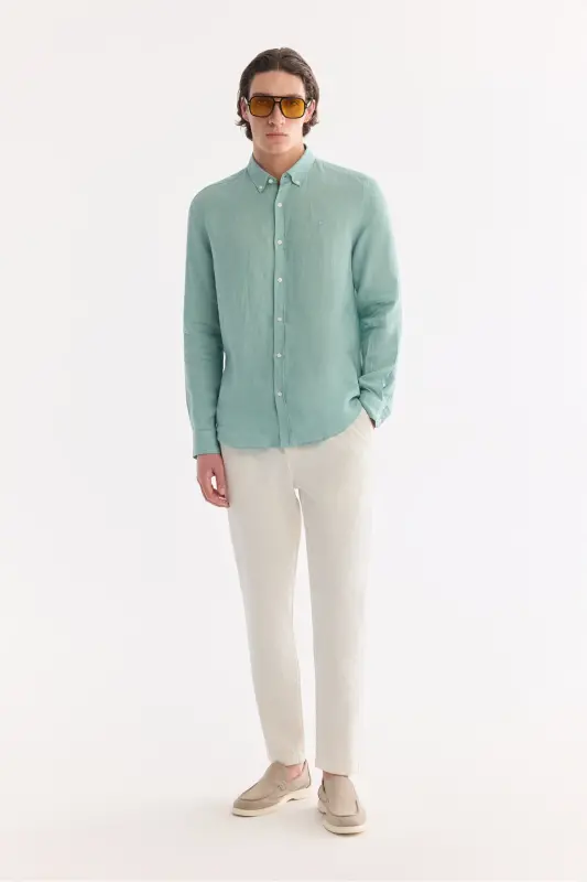 Erkaklar uchun mint yashil rangli 100% zig'ir matoli tugmali yoqali Comfort Fit ko'ylagi B002191 - 7