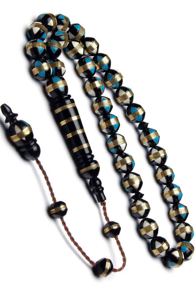 Erkaklar uchun Moviy 8 mm Sharsimon Kesilgan Moviy va Oq Emallangan Qo'lda O'yilgan Spiral Kuka Tasbih - OTTOTESBİH (1)