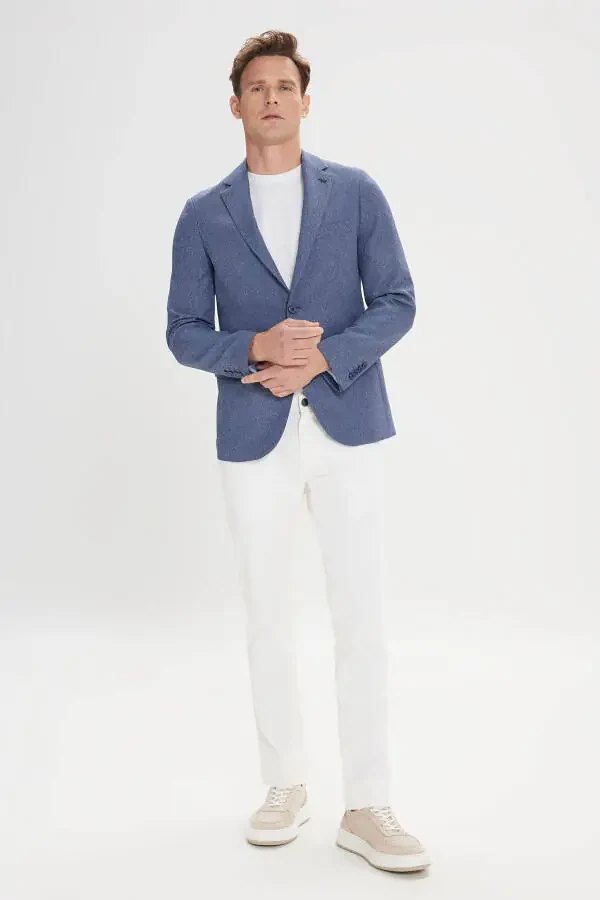 Erkaklar uchun Moviy Slim Fit tor kesimli Mono yengli naqshli blazer ko'ylagi - 2