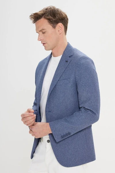 Erkaklar uchun Moviy Slim Fit tor kesimli Mono yengli naqshli blazer ko'ylagi - 5