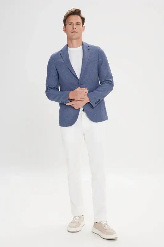 Erkaklar uchun Moviy Slim Fit tor kesimli Mono yengli naqshli blazer ko'ylagi - 2