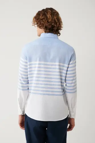 Erkaklar uchun moviy tugmali yoqa chiziqli slim fit ko'ylak A41y2190 - 4