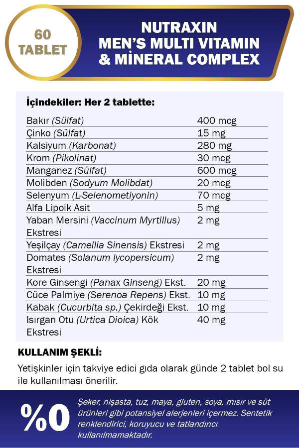 Erkaklar uchun Multi Vitamin va Minerallar Kompleksi Qo'shimcha Oziq-ovqat Mahsuloti 60 Tablet - 12