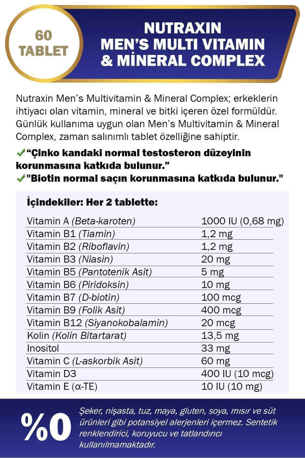 Erkaklar uchun Multi Vitamin va Minerallar Kompleksi Qo'shimcha Oziq-ovqat Mahsuloti 60 Tablet - 7