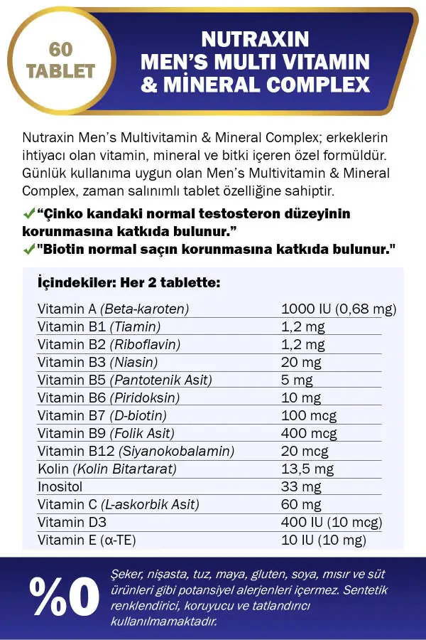Erkaklar uchun Multi Vitamin va Minerallar Kompleksi Qo'shimcha Oziq-ovqat Mahsuloti 60 Tablet - 3