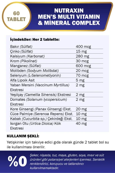 Erkaklar uchun Multi Vitamin va Minerallar Kompleksi Qo'shimcha Oziq-ovqat Mahsuloti 60 Tablet - 4