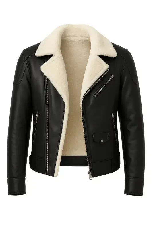 Erkaklar uchun napa teridan tikilgan, fermuarlı, to'liq mo'ynali, slim fit, qora-qaymoq rangli kurtka. - 1