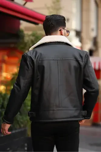 Erkaklar uchun napa teridan tikilgan, fermuarlı, to'liq mo'ynali, slim fit, qora-qaymoq rangli kurtka. - 5