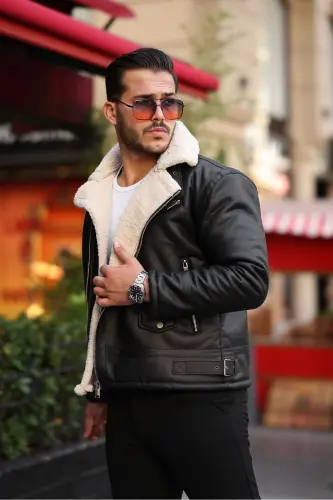 Erkaklar uchun napa teridan tikilgan, fermuarlı, to'liq mo'ynali, slim fit, qora-qaymoq rangli kurtka. - 4