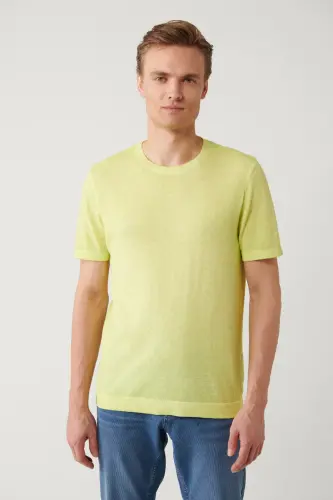 Erkaklar uchun neon yashil rangli, krujka yaxasi, garment dyed bo'yalgan, bo'yoq effekti, oddiy kesilgan trikotaj T-ko'ylak A41y5074 - 3