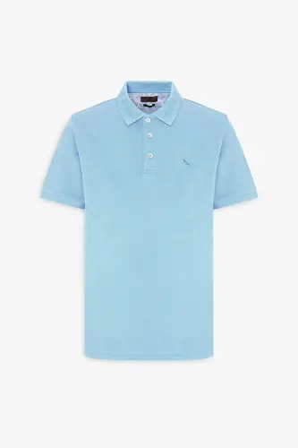 Erkaklar uchun och ko'k slim fit tor kesilgan polo yoqali 100% paxtali kalta yengli futbolka - Och ko'k - 6