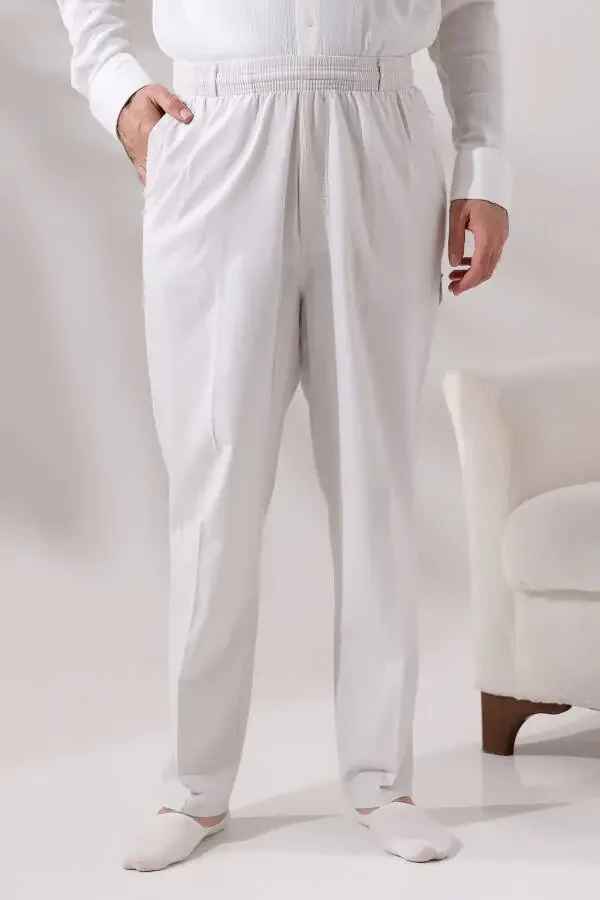 Erkaklar uchun och krem rangi qulay keng qirrali, yon tomoni cho’ntakli, bel qismi rezinali kargo hajj va umra shimlari - 5