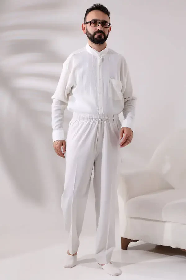 Erkaklar uchun och krem rangi qulay keng qirrali, yon tomoni cho’ntakli, bel qismi rezinali kargo hajj va umra shimlari - 6