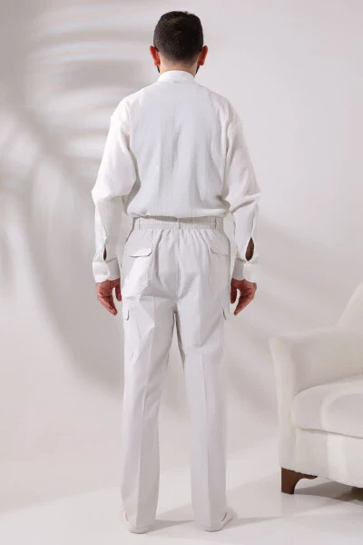 Erkaklar uchun och krem rangi qulay keng qirrali, yon tomoni cho’ntakli, bel qismi rezinali kargo hajj va umra shimlari - 7