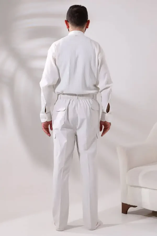 Erkaklar uchun och krem rangi qulay keng qirrali, yon tomoni cho’ntakli, bel qismi rezinali kargo hajj va umra shimlari - 7