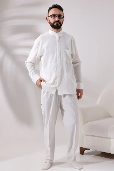 Erkaklar uchun och krem rangi qulay keng qirrali, yon tomoni cho’ntakli, bel qismi rezinali kargo hajj va umra shimlari - 8