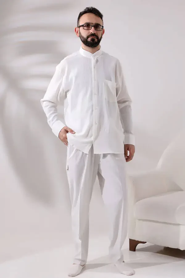 Erkaklar uchun och krem rangi qulay keng qirrali, yon tomoni cho’ntakli, bel qismi rezinali kargo hajj va umra shimlari - 8