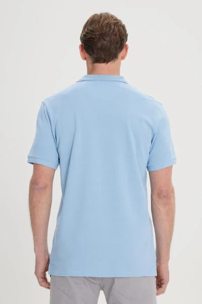 Erkaklar uchun och moviy, slim fit, tor kesim, polo yoqali, 100% paxtadan qisqa yengli futbolka. - 5