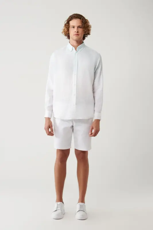 Erkaklar uchun och moviy tugmali yoqasi 100% zig'ir rangli blokli konfortli ko'ylak A41y2195 - 6