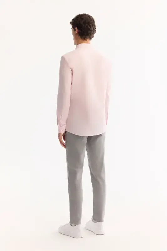 Erkaklar uchun och pushti tugmali yoqa Comfort Fit 100% paxta zig'ir to'qima ko'ylak E002141 - 4