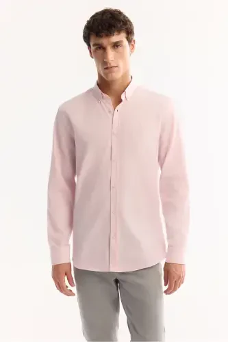 Erkaklar uchun och pushti tugmali yoqa Comfort Fit 100% paxta zig'ir to'qima ko'ylak E002141 - 5