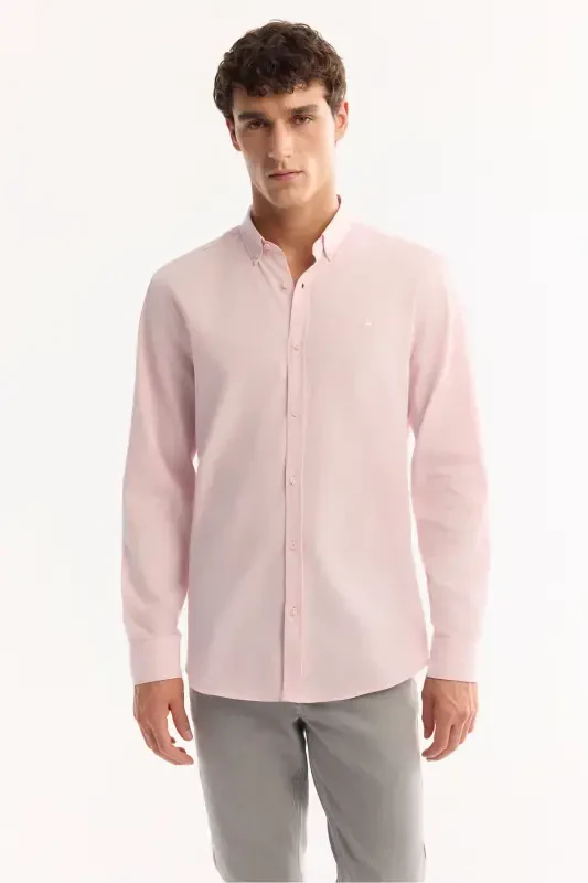 Erkaklar uchun och pushti tugmali yoqa Comfort Fit 100% paxta zig'ir to'qima ko'ylak E002141 - 5