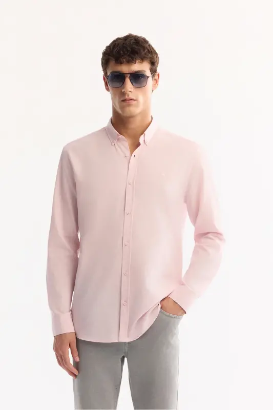Erkaklar uchun och pushti tugmali yoqa Comfort Fit 100% paxta zig'ir to'qima ko'ylak E002141 - 1