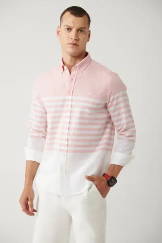 Erkaklar uchun och pushti tugmali yoqa panosidagi chiziqli slim fit ko'ylak A41y2190 