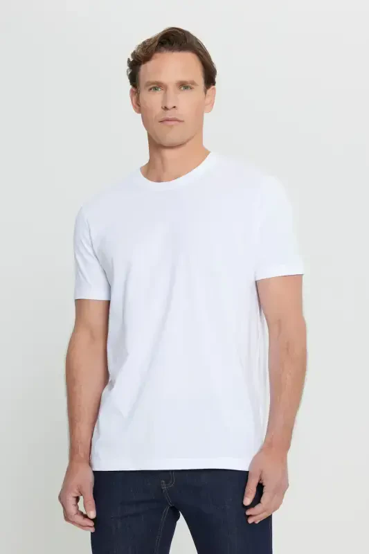 Erkaklar uchun oq 100% paxta Slim Fit tor kesimli bisiklet bo'yinli asosiy futbolka - 4