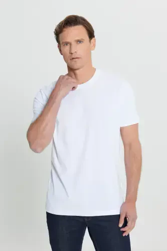 Erkaklar uchun oq 100% paxta Slim Fit tor kesimli bisiklet bo'yinli asosiy futbolka - 10