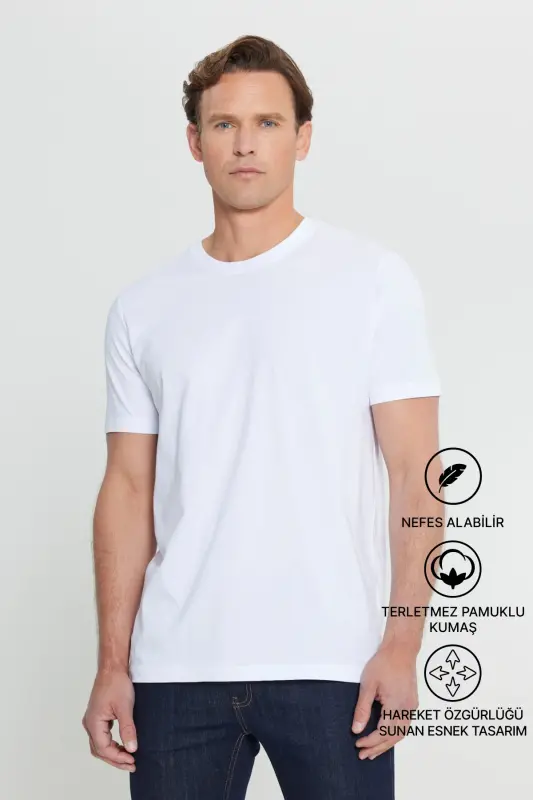 Erkaklar uchun oq 100% paxta Slim Fit tor kesimli bisiklet bo'yinli asosiy futbolka - 8