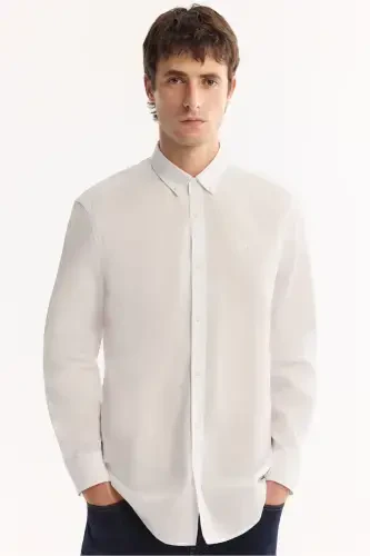 Erkaklar uchun oq ko'ylak tugmachali yoqa Comfort Fit 100% paxta zig'ir matolari bilan E002141 - 5