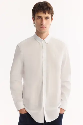 Erkaklar uchun oq ko'ylak tugmachali yoqa Comfort Fit 100% paxta zig'ir matolari bilan E002141 - 5