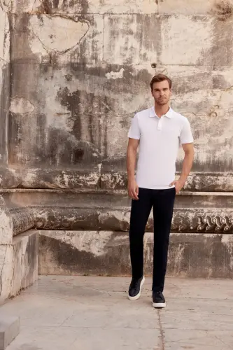 Erkaklar uchun oq rangli, oddiy, 100% paxta, slim fit (tor bichimli), qisqa yengli, polo yoqali futbolka - MORVEN (1)