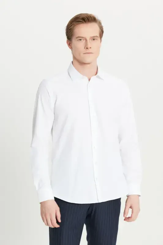 Erkaklar uchun oq rangli oson dazmollanadigan Slim Fit tor kesilgan klassik yoqali paxta ko'ylak - 8