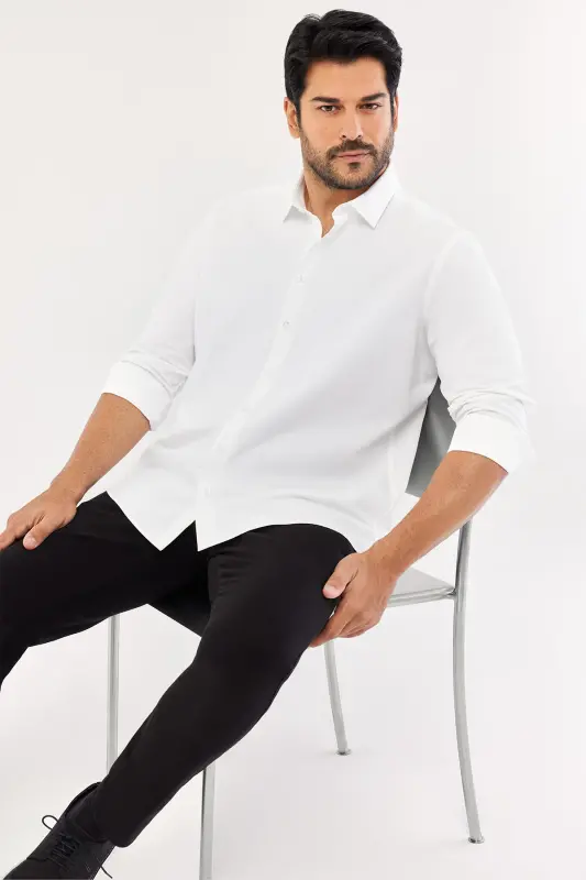 Erkaklar uchun oq rangli oson dazmollanadigan Slim Fit tor kesilgan klassik yoqali paxta ko'ylak - 3