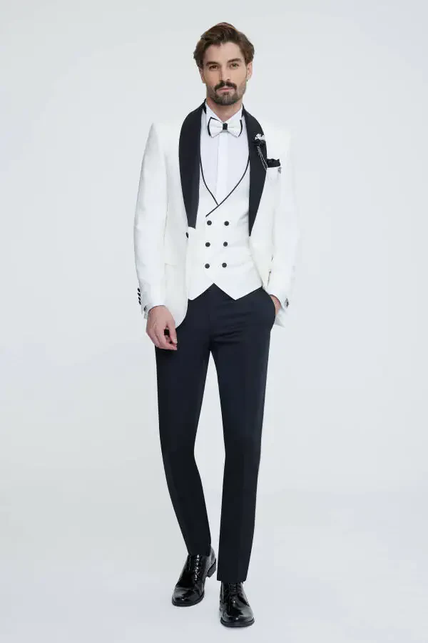 Erkaklar uchun oq rangli Slim Fit shal yoqali naqshli to'y kostyumi - 7