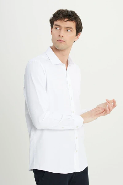 Erkaklar uchun oq rangli Slim Fit tor kesilgan italyan yoqali qo'lqopli ko'ylak - 3