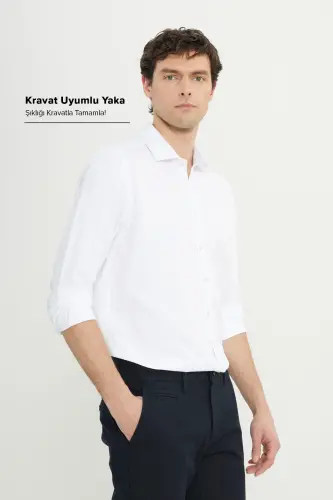 Erkaklar uchun oq rangli Slim Fit tor kesilgan italyan yoqali qo'lqopli ko'ylak - AC&CO / ALTINYILDIZ CLASSICS (1)