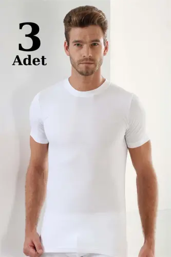 Erkaklar uchun oq rangli T-shirt, yumaloq yoqa, qisqa yenglar, 3 dona, 100% paxta - 1