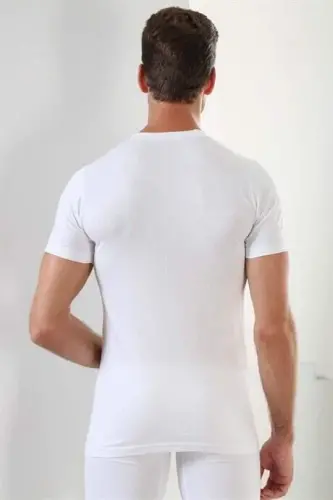 Erkaklar uchun oq rangli T-shirt, yumaloq yoqa, qisqa yenglar, 3 dona, 100% paxta - 5