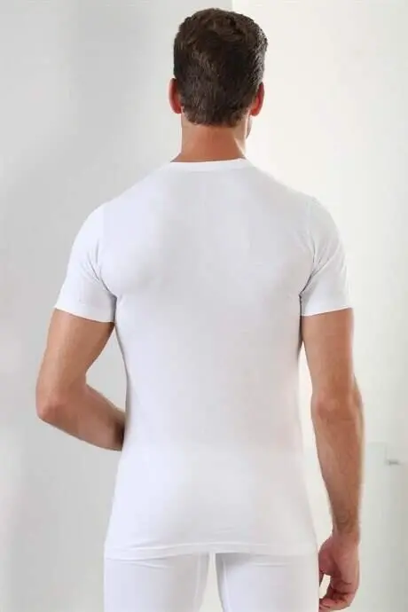 Erkaklar uchun oq rangli T-shirt, yumaloq yoqa, qisqa yenglar, 3 dona, 100% paxta - 5