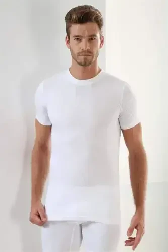 Erkaklar uchun oq rangli T-shirt, yumaloq yoqa, qisqa yenglar, 3 dona, 100% paxta - 3