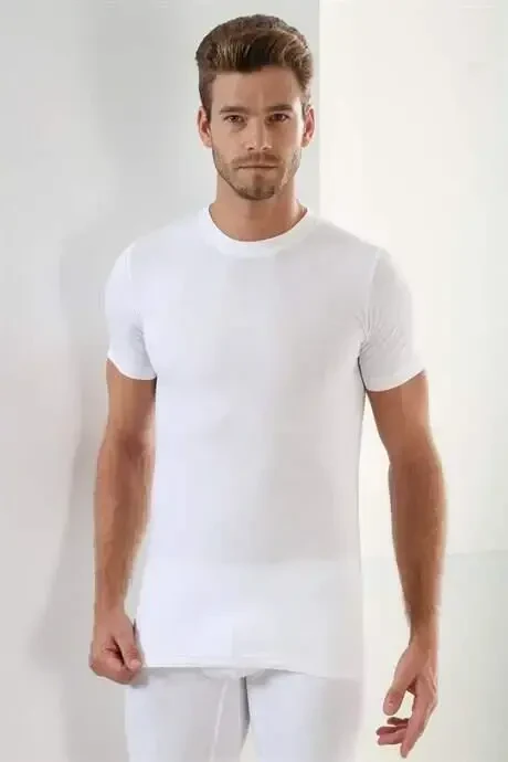 Erkaklar uchun oq rangli T-shirt, yumaloq yoqa, qisqa yenglar, 3 dona, 100% paxta - 3