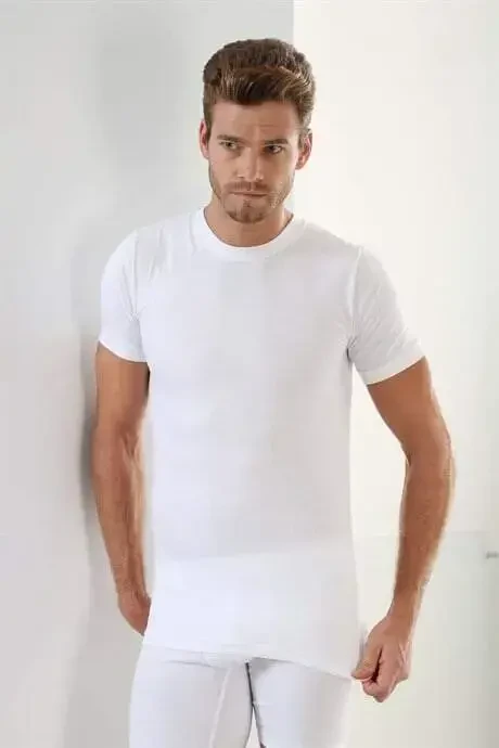 Erkaklar uchun oq rangli T-shirt, yumaloq yoqa, qisqa yenglar, 3 dona, 100% paxta - 4