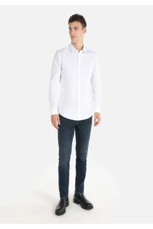 Erkaklar uchun oq rangli uzun yengli Slim Fit ko'ylak - 3