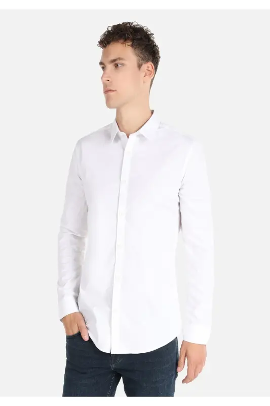 Erkaklar uchun oq rangli uzun yengli Slim Fit ko'ylak - 1